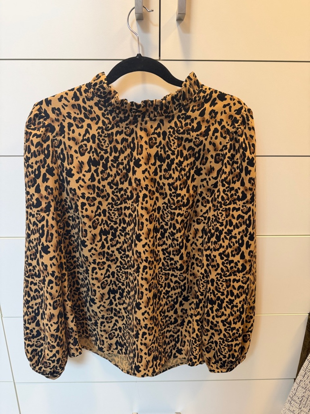 J. Crew Leopard-Print Ruffle Mock Neck Blouse in Tan and Black